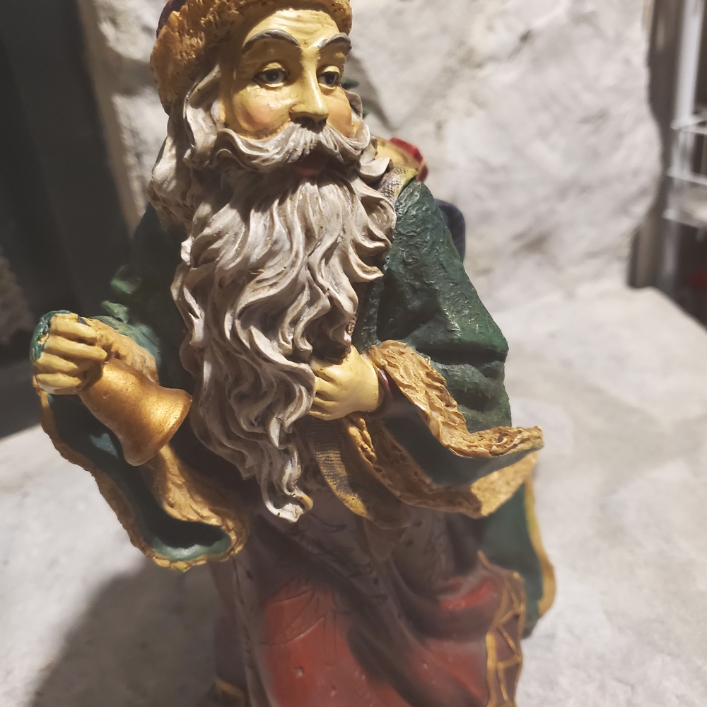 Festive Santa Claus Figurine with Bell - Green and Gold